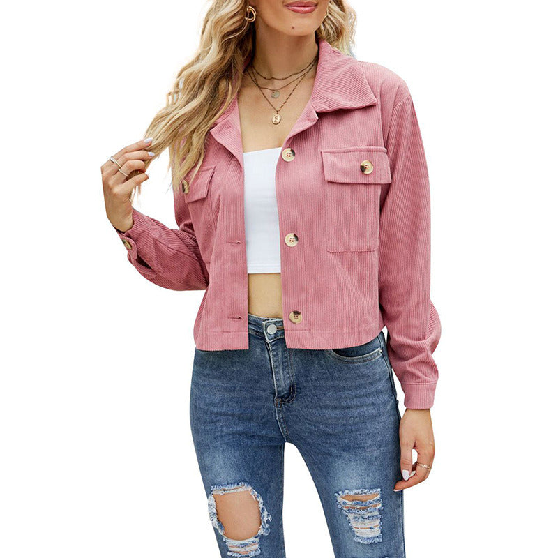 Spring Autumn Corduroy Short Thin Jacket Women Retro Vintage Casual Loose Chest Pockets Long Sleeves Single-breasted Lapel Tops