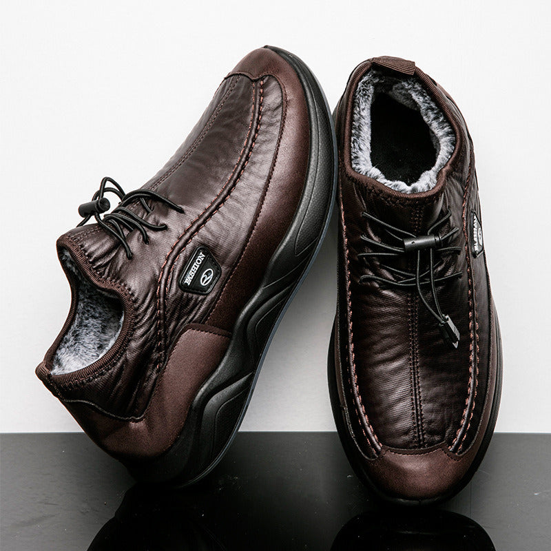 Winter Lining Fleece PU Waterproof Shoes Men Warm Casual Sport Thick Slip-on Sneaker Father Footwear Classic Vintage Black Brown