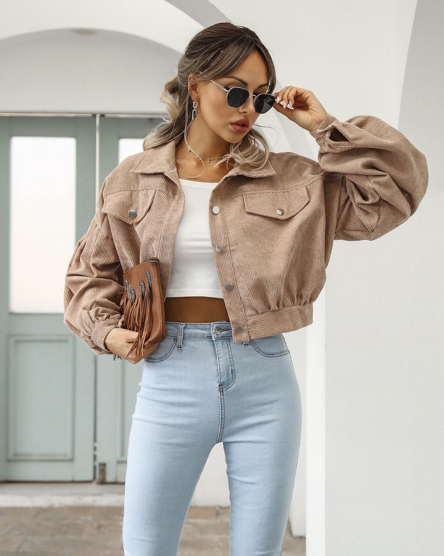 Spring Autumn Short Corduroy Jacket Women Retro Vintage Casual Lapel Dropped Shoulder Lantern Sleeve Metal Button Red Brown Blue