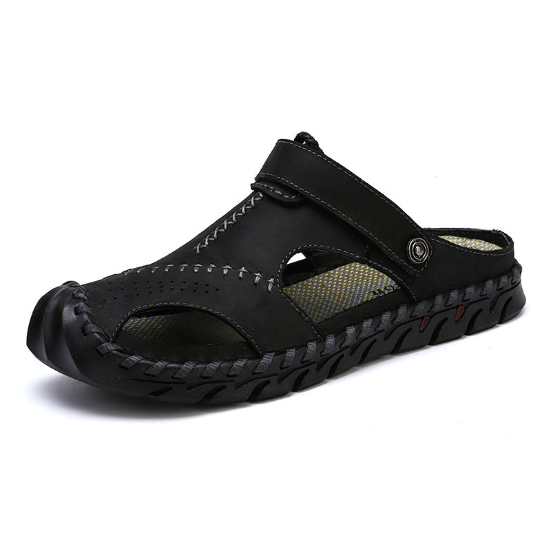 Male Comfortable Outdoor Walking Footwear Men Dual Purpose Leather Sandals Summer Classic Beach Shoes Slippers Soft Sole Casual