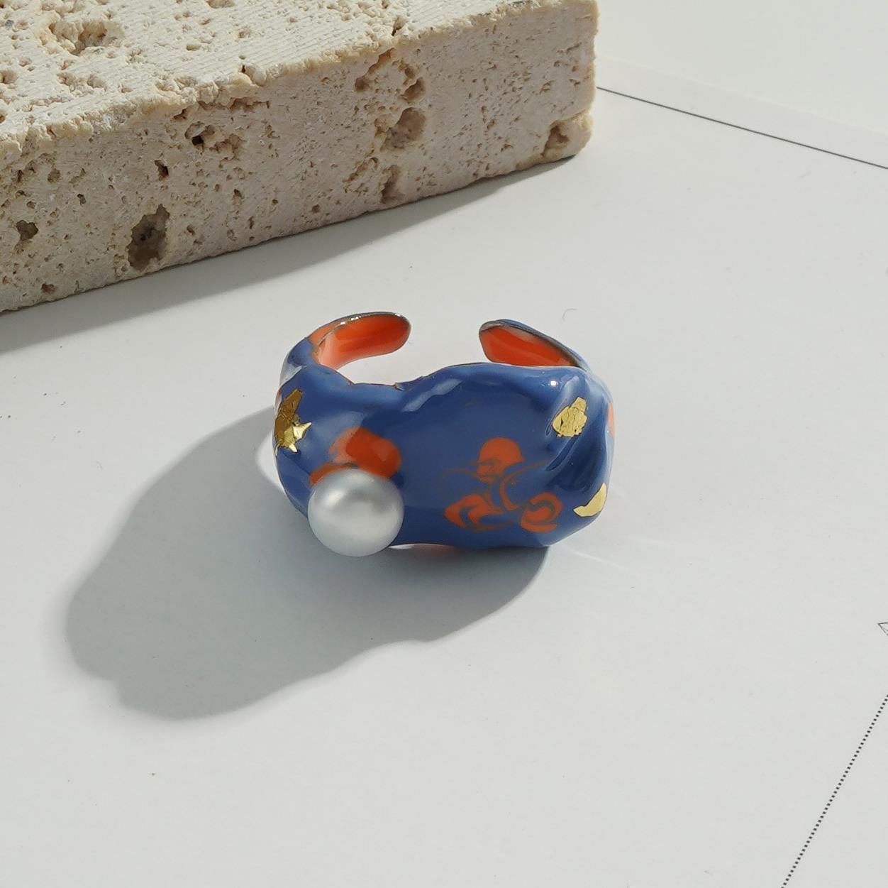 Enamel Ring Pearl Adjustable Open Rings