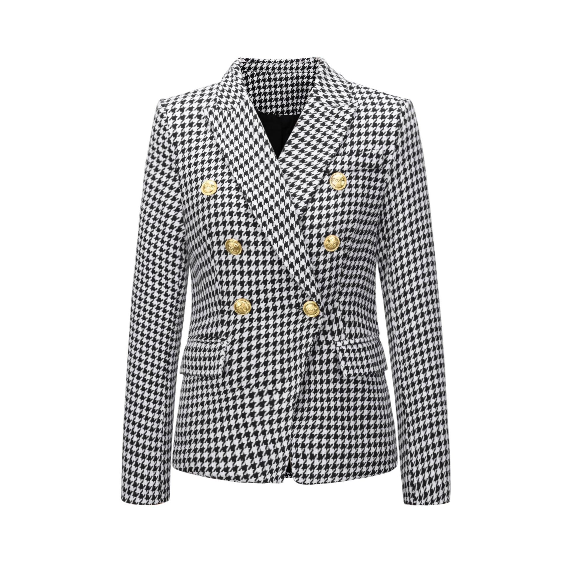 Women Casual Plaid Slim Suit Jackets Pockets Elegant Solid Lining Fashion Coat Double Breasted Office Lady Spring Autumn Winter