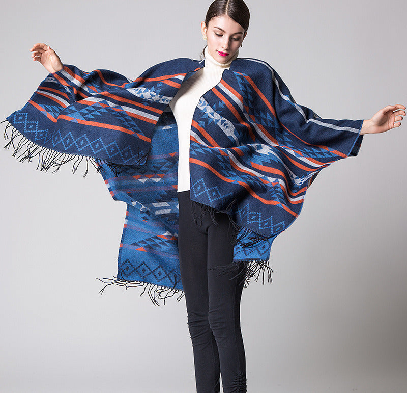 Geometric Rhombus Fringed Europe And The United States Lengthened And Thickened Imitation Cashmere Autumn And Winter Ethnic Style Travel Split Shawl Cloak