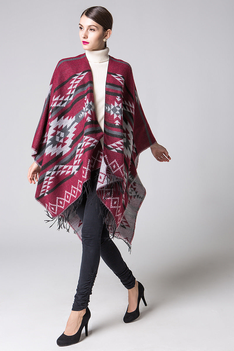 Geometric Rhombus Fringed Europe And The United States Lengthened And Thickened Imitation Cashmere Autumn And Winter Ethnic Style Travel Split Shawl Cloak