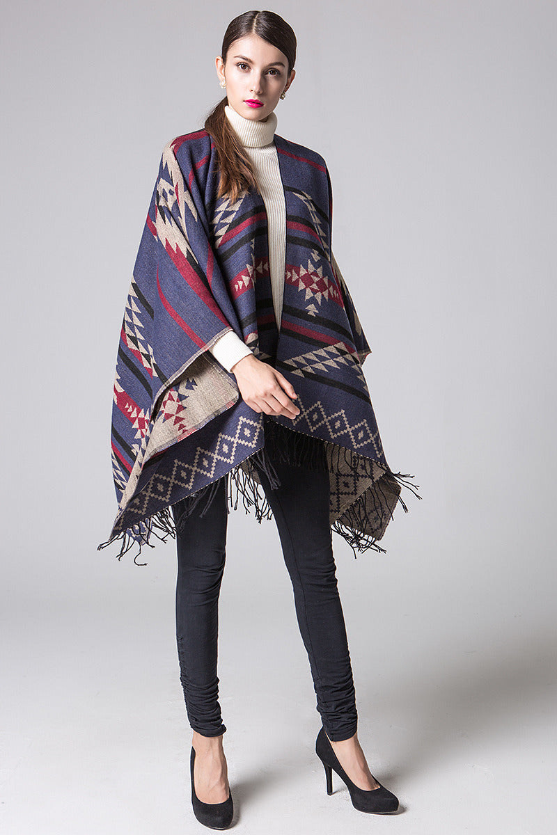 Geometric Rhombus Fringed Europe And The United States Lengthened And Thickened Imitation Cashmere Autumn And Winter Ethnic Style Travel Split Shawl Cloak