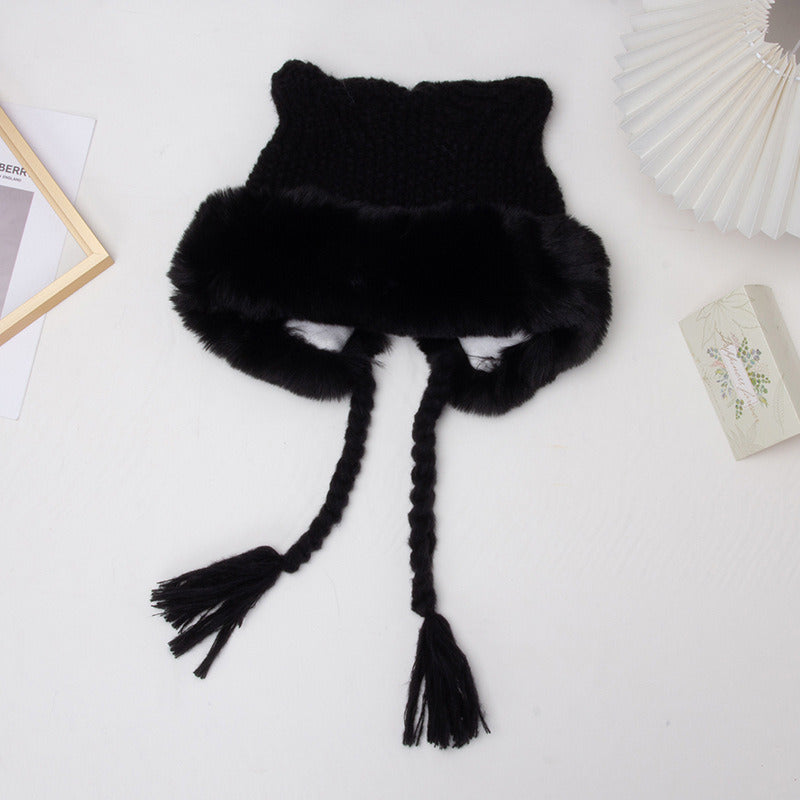 Cat Ears Fox Fur Knitted Warm Plush Hat Women's Soft Ear Protection Woolen Hat