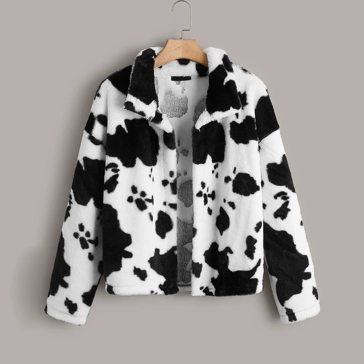 2022 Autumn Winter Plus Size Plush Coat Women Fashion Casual Warm Fleece Jackets Lapel No Placket Dairy Cow Pattern Early Spring