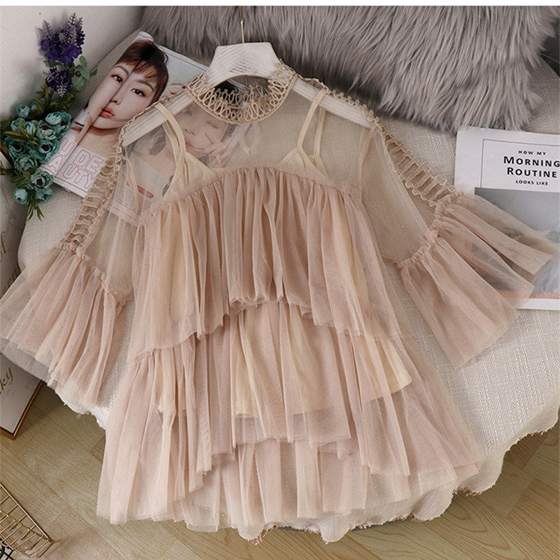 Women Hollow Blouse Single or 2 Piece Set Hook Flower Splicing Mesh Tulle Lantern Sleeve Ruffles Lace Shirt High Waist Short Top