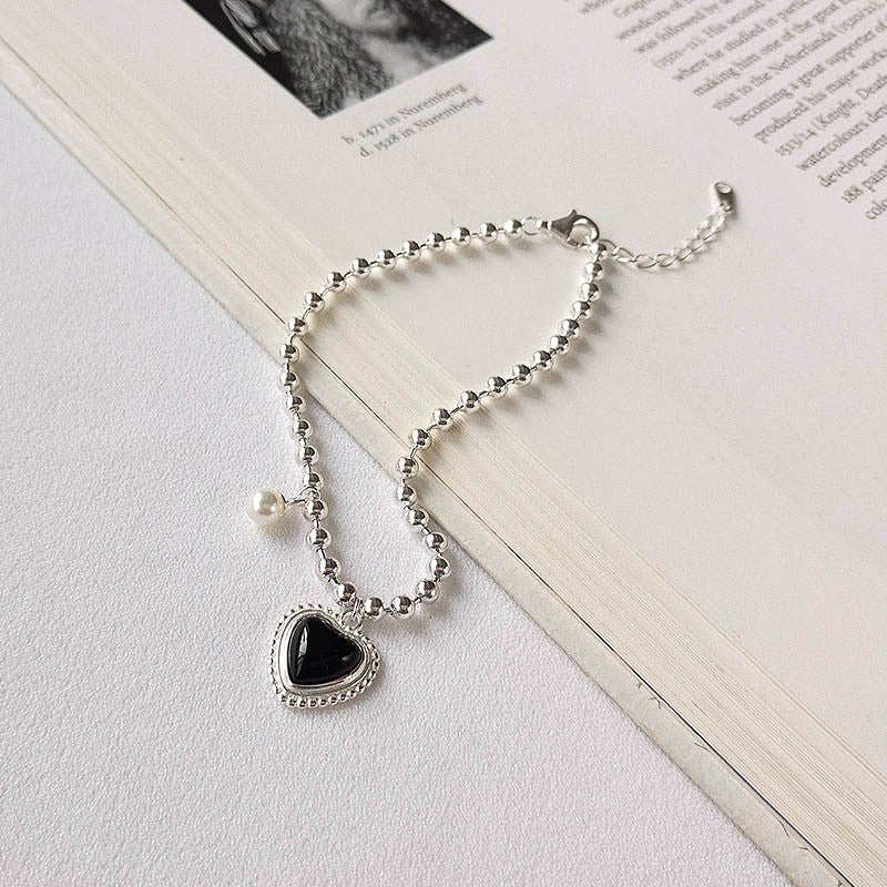 S925 Sterling Silver Bracelet Female Love Black Agate Bracelet Literary Light Luxury Hand Jewelry Ball Bracelet