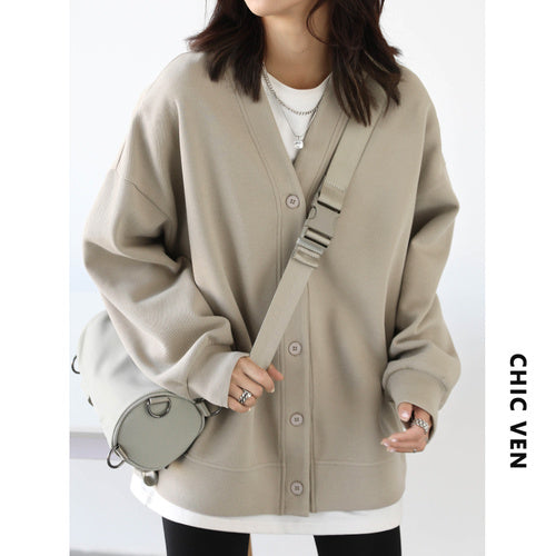 CHIC VEN Korean Autumn Winter Women&#39;s Sports Coat Casual Loose V-neck Sweatshirt for Women Thick Warm Tops Office Lady Female