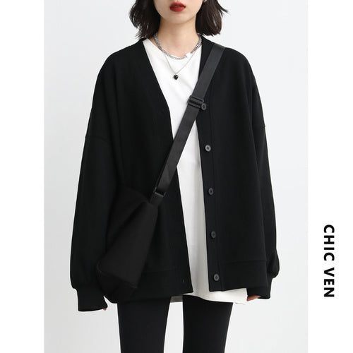 CHIC VEN Korean Autumn Winter Women&#39;s Sports Coat Casual Loose V-neck Sweatshirt for Women Thick Warm Tops Office Lady Female