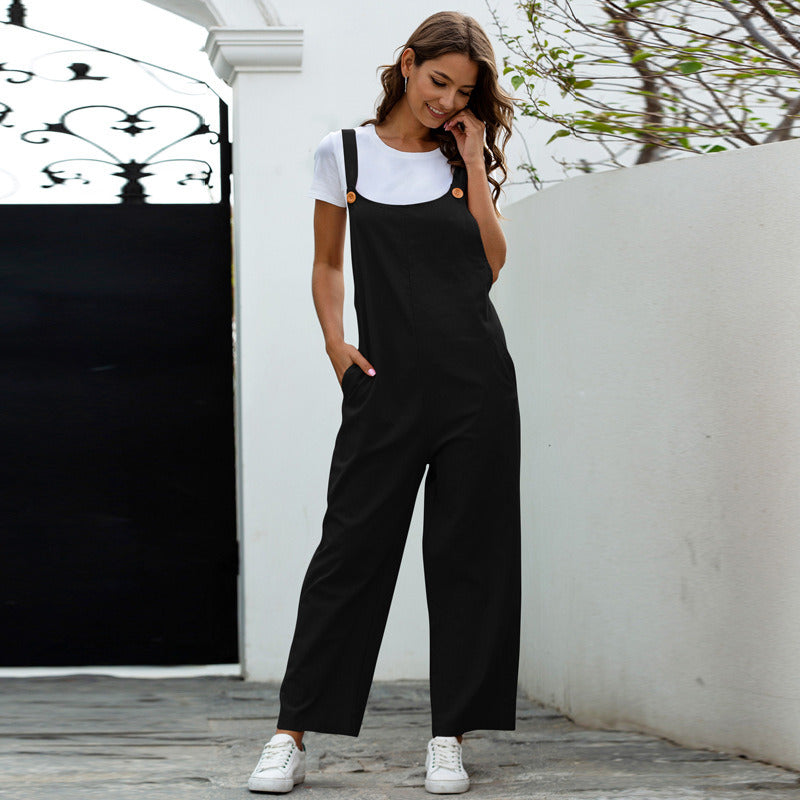 Spring Summer Autumn Women Long Jumpsuit Loose Breathable Soft Straight Rompers Solid Cozy Overalls Retro Casual Vacation Beach