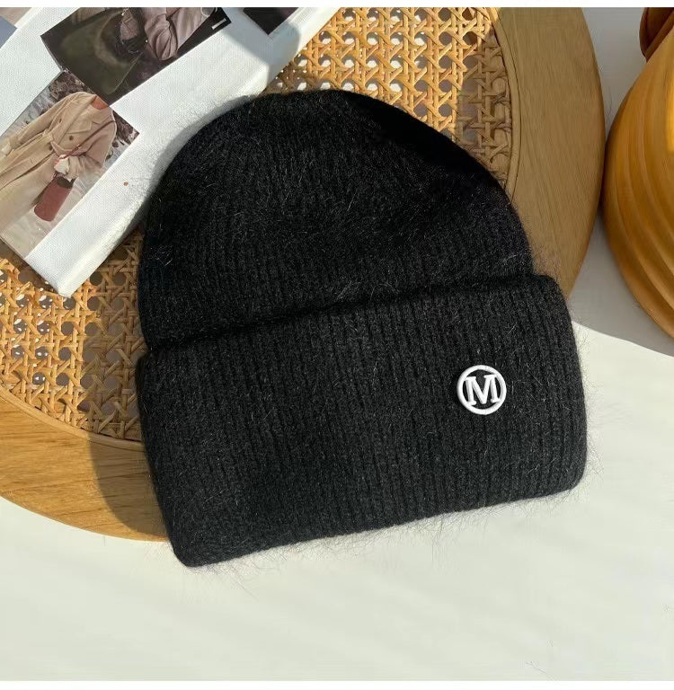 2022 Winter Knitted Hat Ladies Rabbit Fur Beanies Women Outdoor Shopping Warm Winter Hat Fashion Letter M Solid Color Hat Soft