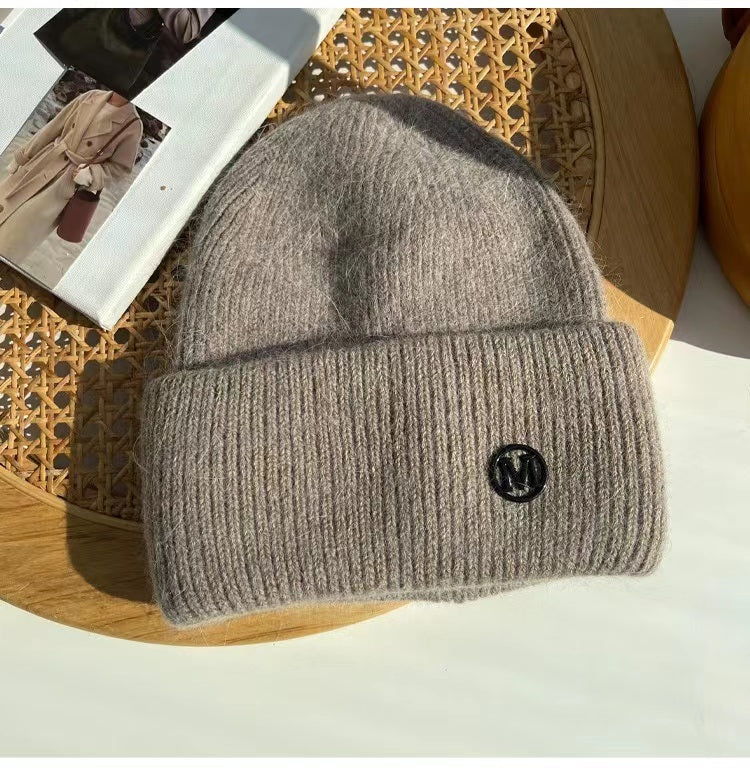 2022 Winter Knitted Hat Ladies Rabbit Fur Beanies Women Outdoor Shopping Warm Winter Hat Fashion Letter M Solid Color Hat Soft