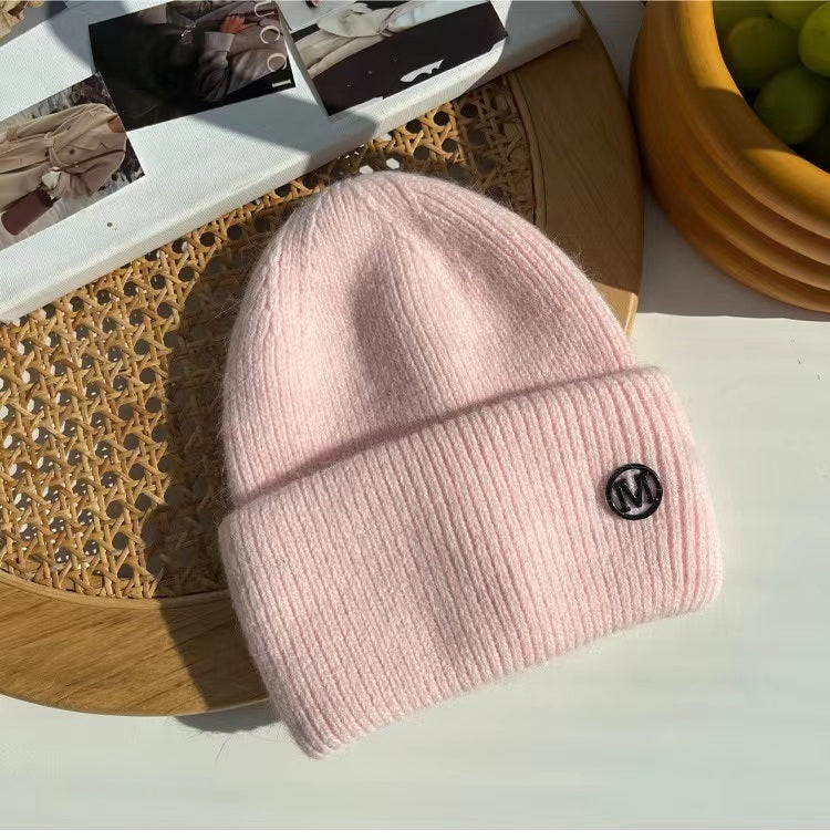 2022 Winter Knitted Hat Ladies Rabbit Fur Beanies Women Outdoor Shopping Warm Winter Hat Fashion Letter M Solid Color Hat Soft