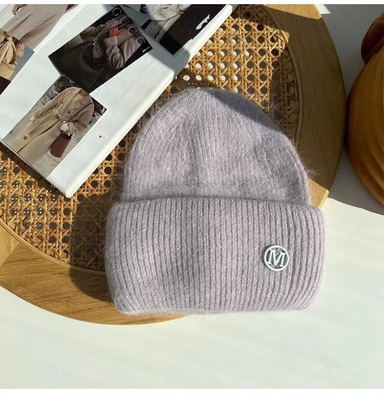 2022 Winter Knitted Hat Ladies Rabbit Fur Beanies Women Outdoor Shopping Warm Winter Hat Fashion Letter M Solid Color Hat Soft