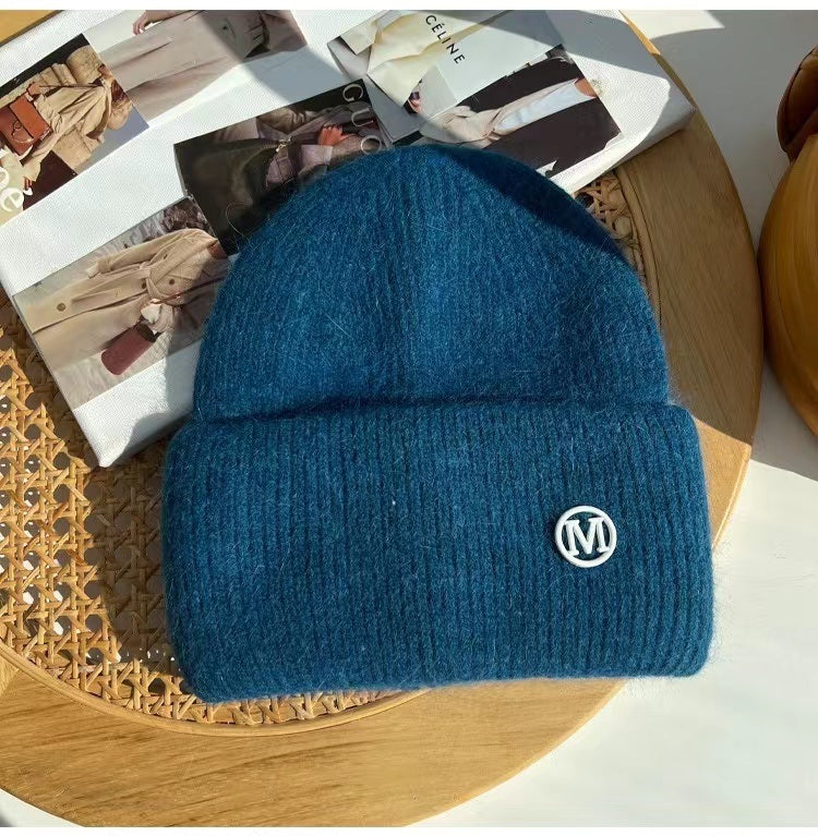 2022 Winter Knitted Hat Ladies Rabbit Fur Beanies Women Outdoor Shopping Warm Winter Hat Fashion Letter M Solid Color Hat Soft