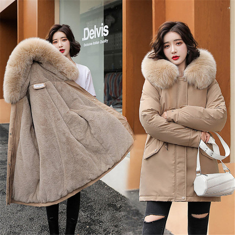 2022 New Winter Jacket Women Parka Fashion Long Coat Wool Liner Hooded Parkas Slim With Fur Collar Warm Snow Wear Padded Clothes