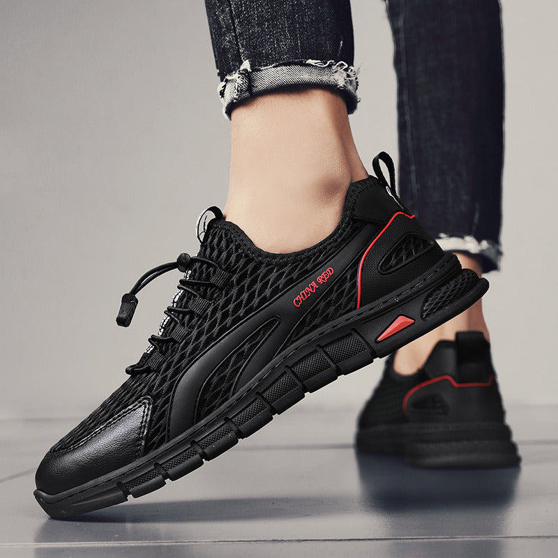 Spring Summer Casual Shoes Men Slip on Elastic Band Leather Mesh Low Top Sneaker Hollow Round Toe Solid High Quality Breathable