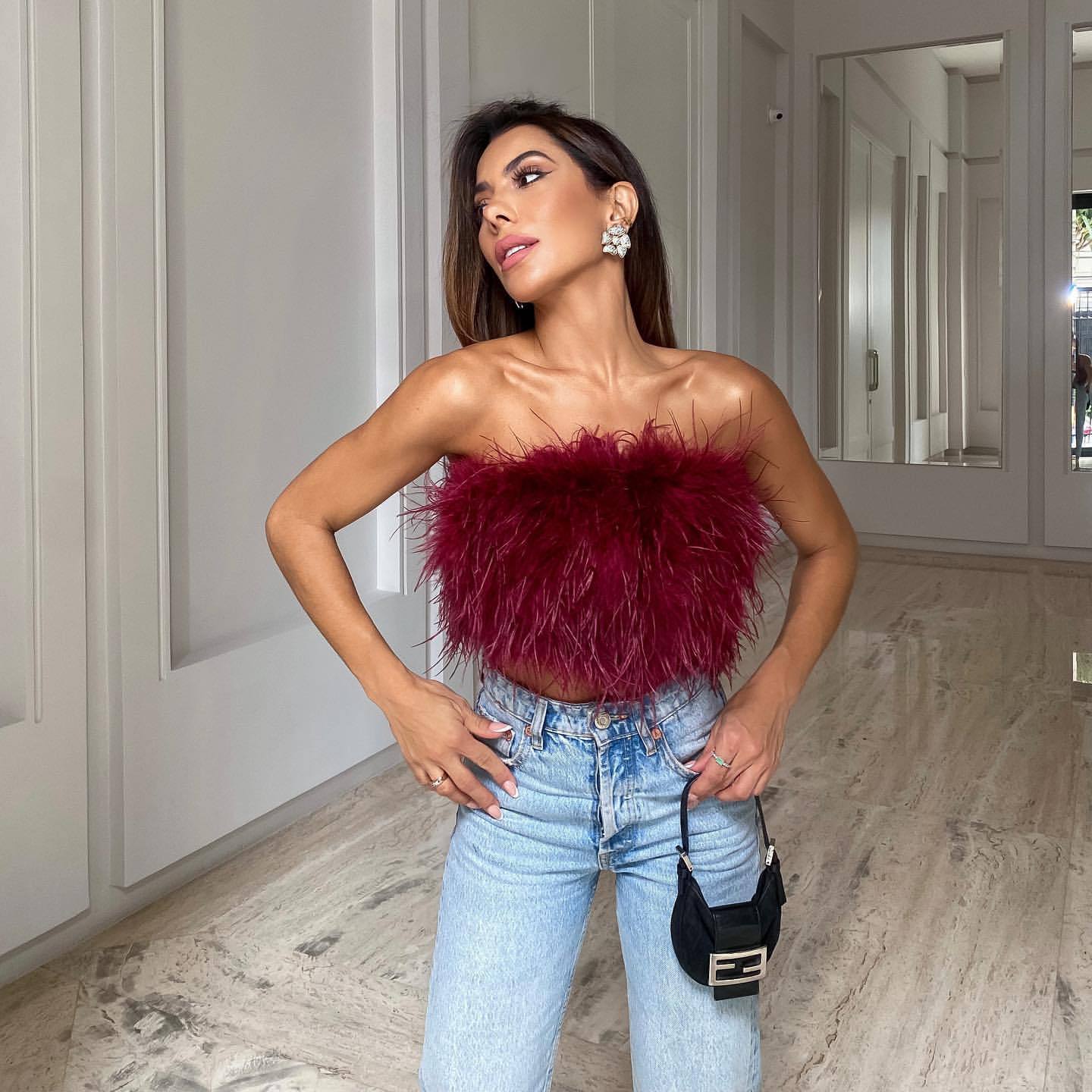 2022 Spring Summer Autumn Furry Fluffy Short Tube Top Women Sexy Elegant Fashion Sleeveless Lightweight Grey Multicolor Back Zip