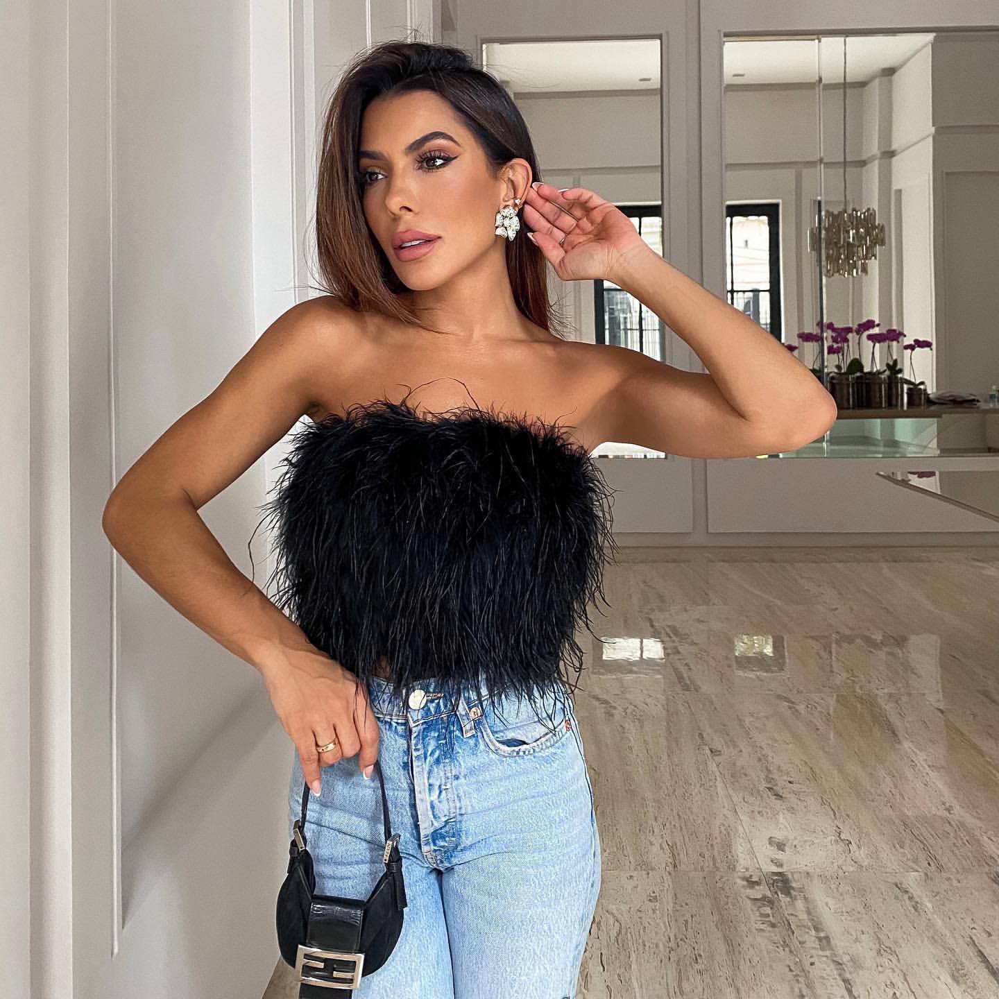 2022 Spring Summer Autumn Furry Fluffy Short Tube Top Women Sexy Elegant Fashion Sleeveless Lightweight Grey Multicolor Back Zip