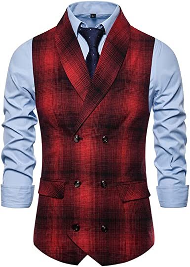 Men's V-Neck Double Breasted Suit Vest Casual Slim Fit Dress Plaid Vest Waistcoat