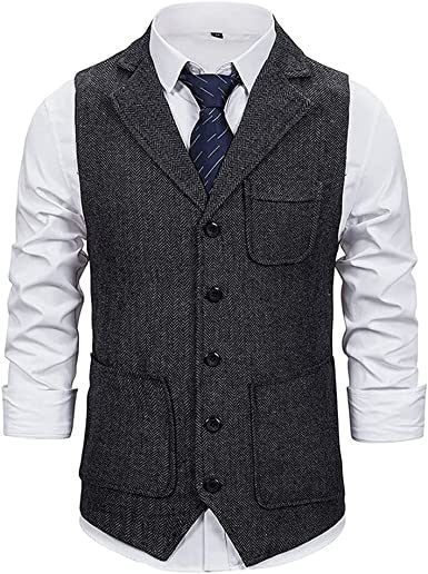 Men's Single Breasted Lapel Vest Herringbone Tweed Vintage Waistcoat Vests
