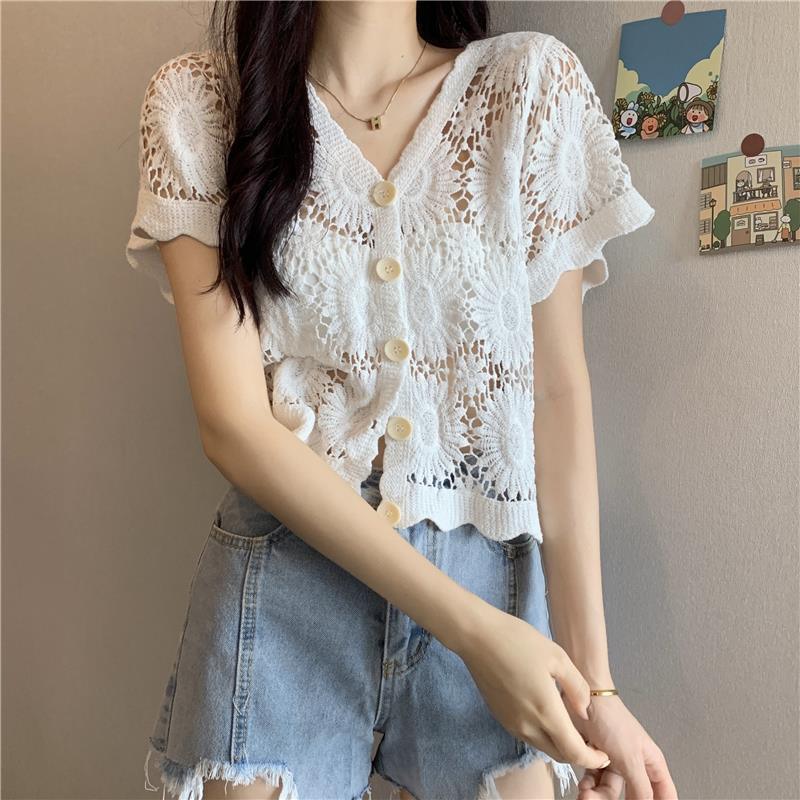 Spring Summer Autumn V-neck Blouse Long Sleeve Shawls Short Coats Retro Hollow Lace Sweet Button Cardigans Tops Beach Street New