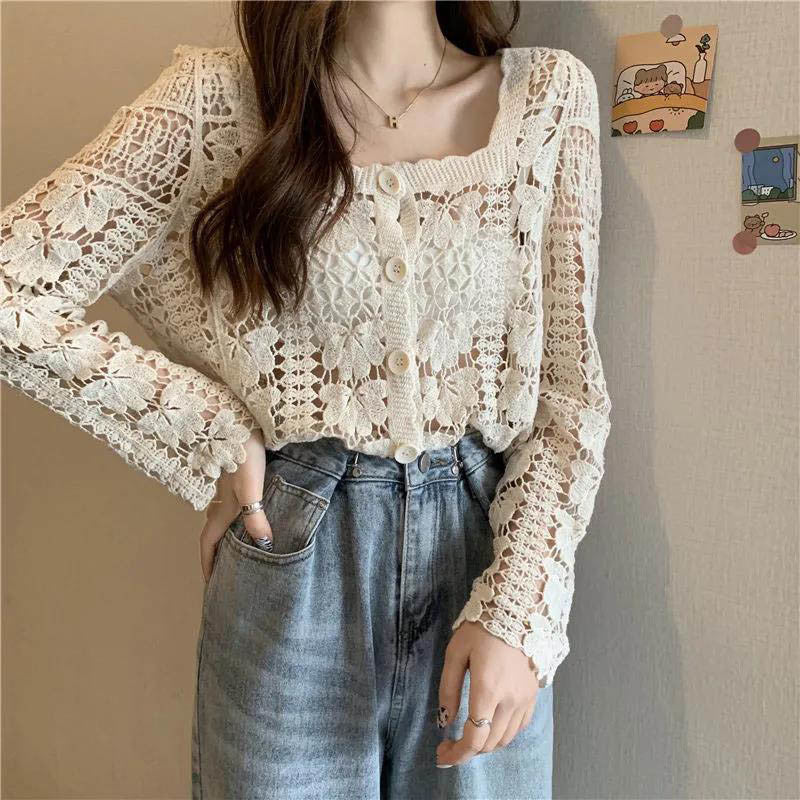 Spring Summer Autumn V-neck Blouse Long Sleeve Shawls Short Coats Retro Hollow Lace Sweet Button Cardigans Tops Beach Street New