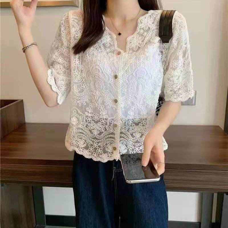 Spring Summer Autumn V-neck Blouse Long Sleeve Shawls Short Coats Retro Hollow Lace Sweet Button Cardigans Tops Beach Street New