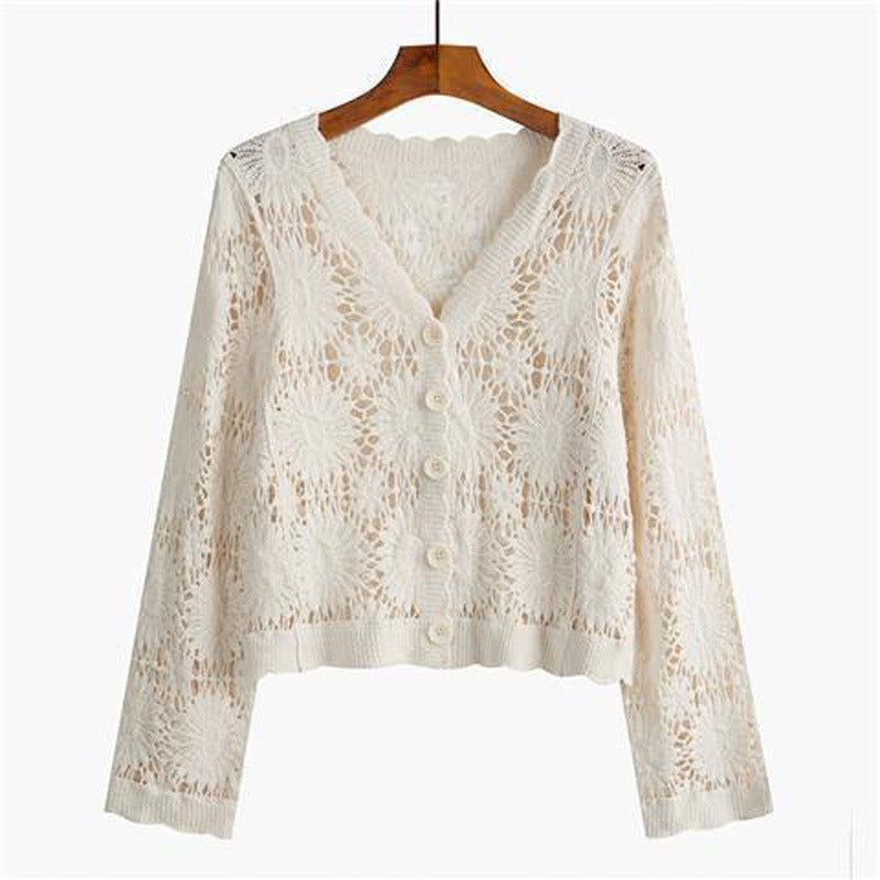 Spring Summer Autumn V-neck Blouse Long Sleeve Shawls Short Coats Retro Hollow Lace Sweet Button Cardigans Tops Beach Street New