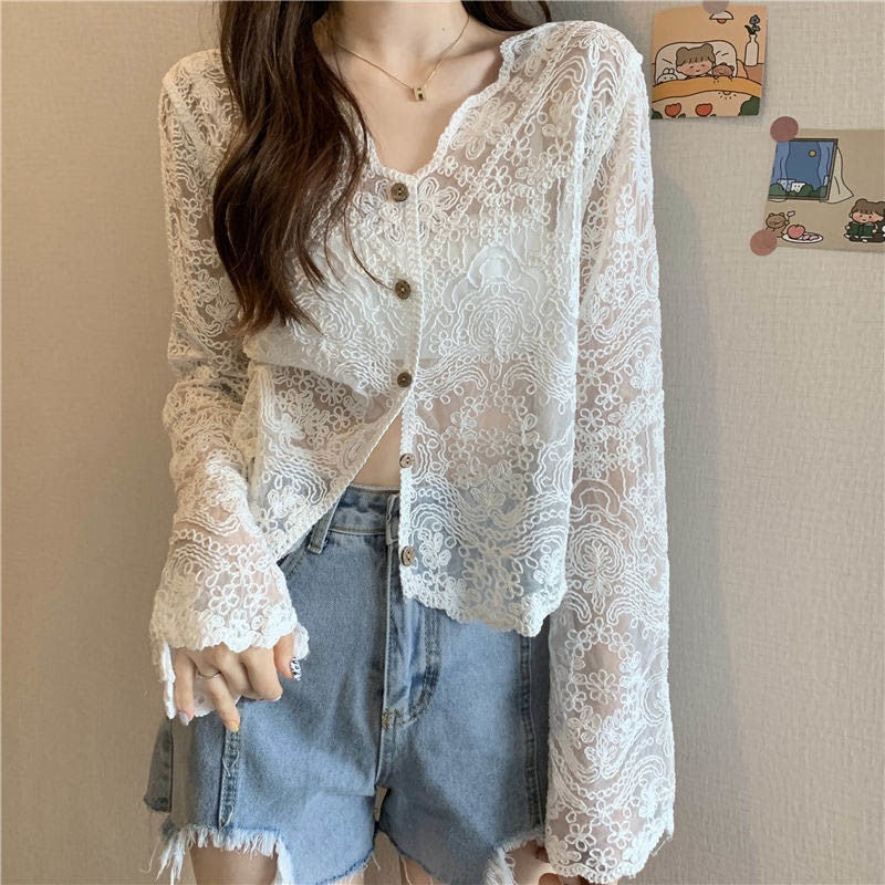 Spring Summer Autumn V-neck Blouse Long Sleeve Shawls Short Coats Retro Hollow Lace Sweet Button Cardigans Tops Beach Street New