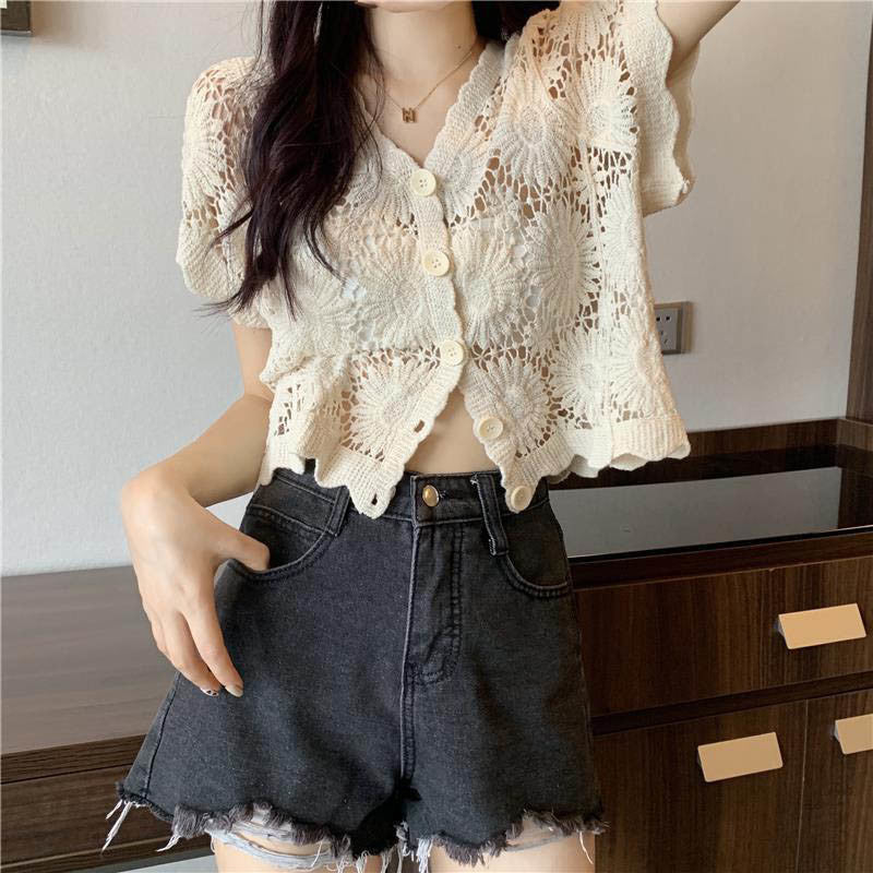 Spring Summer Autumn V-neck Blouse Long Sleeve Shawls Short Coats Retro Hollow Lace Sweet Button Cardigans Tops Beach Street New