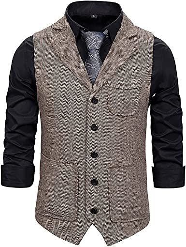 Men's Single Breasted Lapel Vest Herringbone Tweed Vintage Waistcoat Vests
