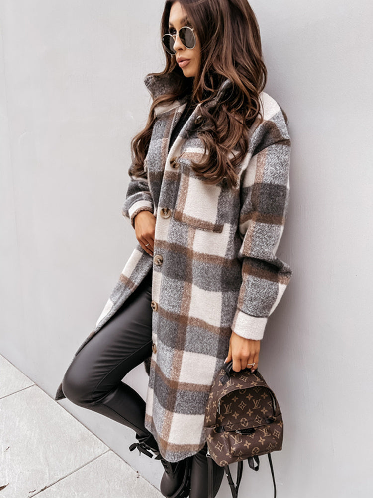 Women Winter Woolen Coats Female Plaid Print Retro Warm Thick Long Jacket Outercoats Korean Style Outwear Manteau Femme Hiver