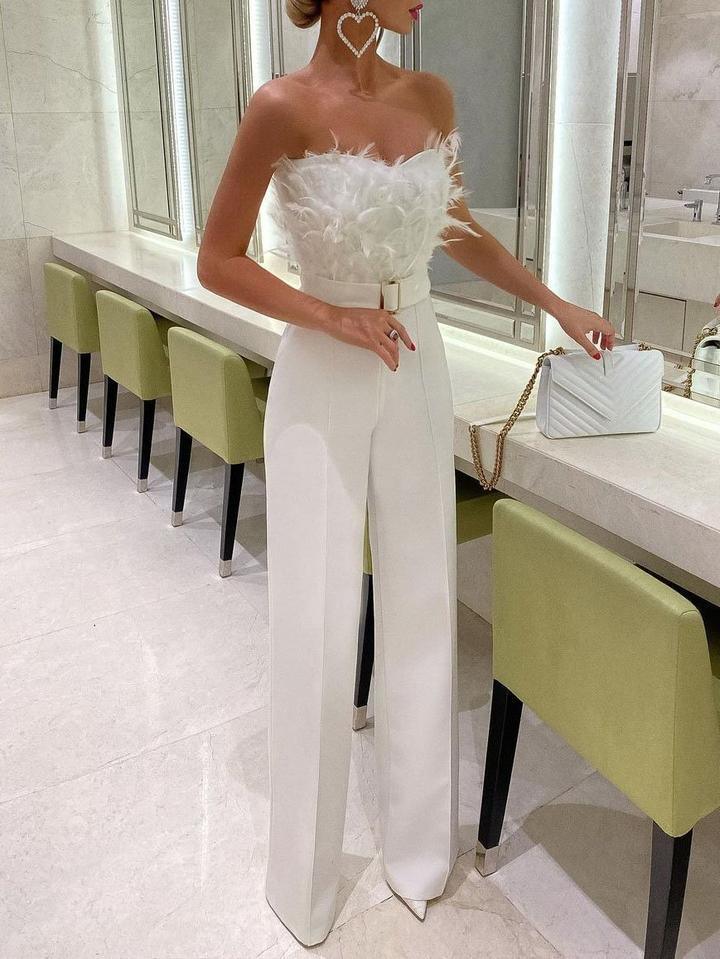 Spring Summer Long Jumpsuit New Women Elegant Sexy Trousers Belt Feather Tube Top Fashion Straight Pant White Black Party Office