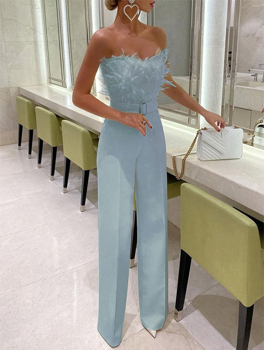 Spring Summer Long Jumpsuit New Women Elegant Sexy Trousers Belt Feather Tube Top Fashion Straight Pant White Black Party Office