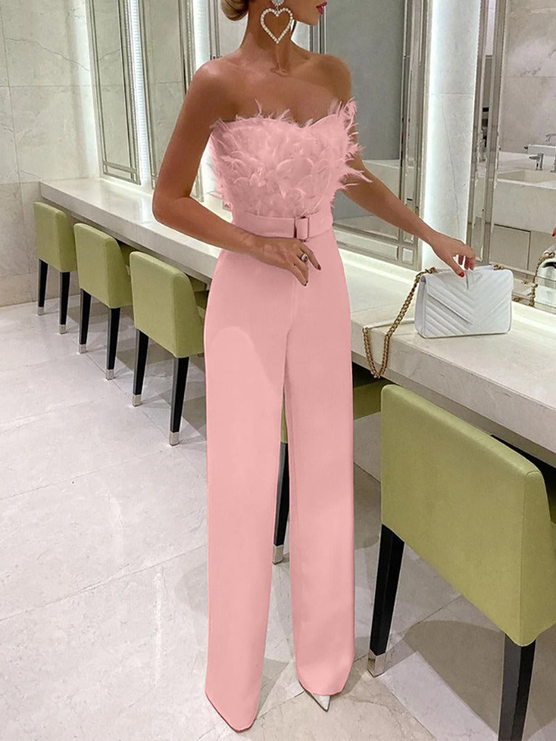 Spring Summer Long Jumpsuit New Women Elegant Sexy Trousers Belt Feather Tube Top Fashion Straight Pant White Black Party Office