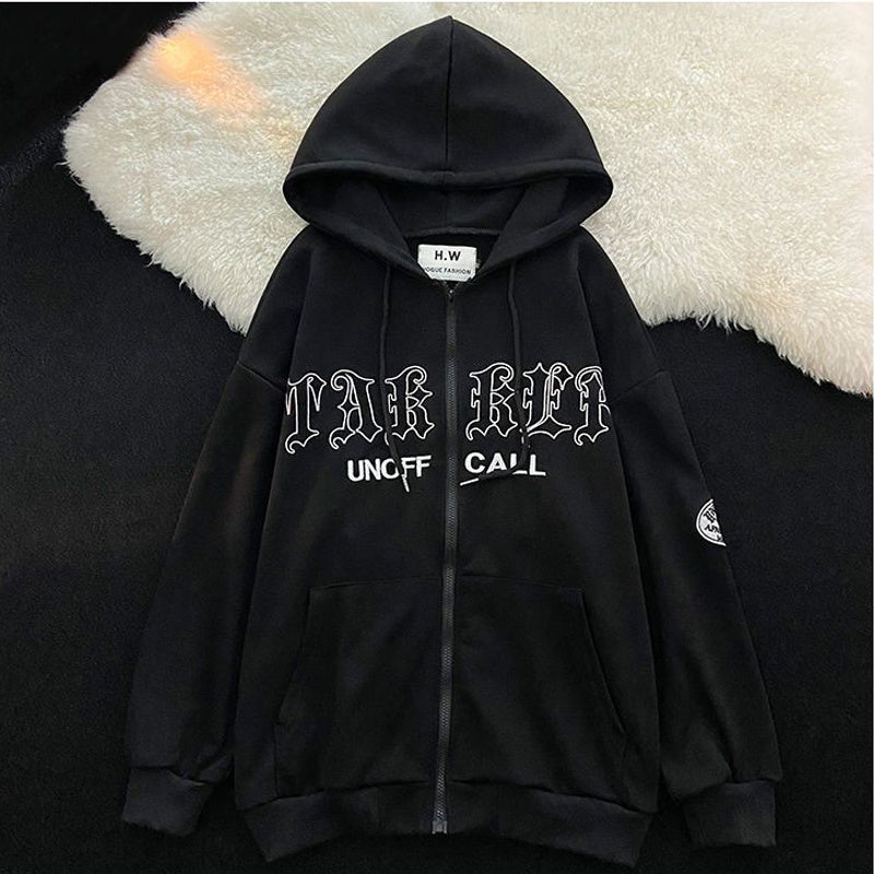 America Retro Letter Embroidery Oversized Hooded Jackets Sweater Harajuku Street Hip Hop zipper Long Sleeve Cardigan jacket