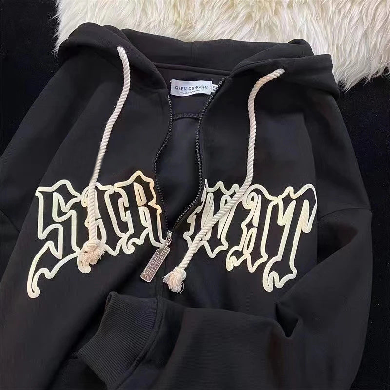 Letter Print Hoodies Women Autumn Harajuku Hip Hop Zip Up Hooded Sweatshirts Fashion Punk Sports Jacket Streetwear Y2K Clothes