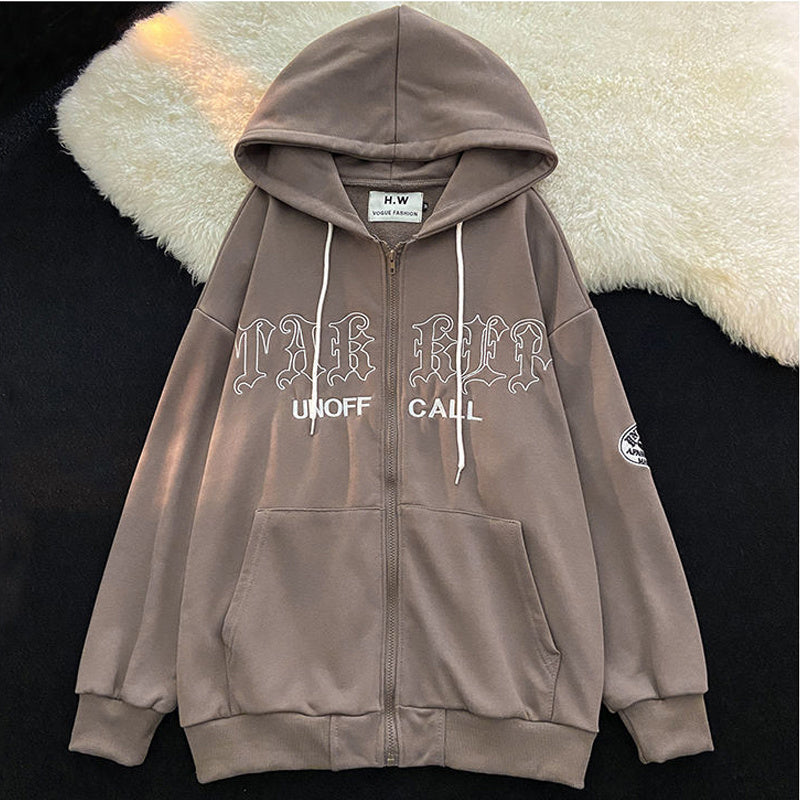 America Retro Letter Embroidery Oversized Hooded Jackets Sweater Harajuku Street Hip Hop zipper Long Sleeve Cardigan jacket