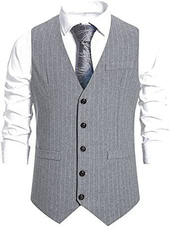 Mens Stripes Hoodless Vests Single Row Five Buttons Slim Fit Clothes for Banquet, Ceremony