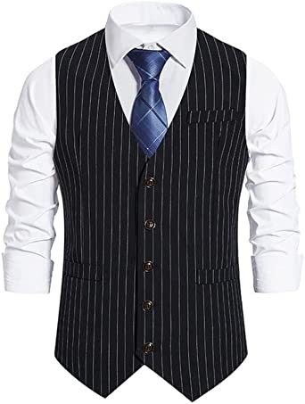 Mens Stripes Hoodless Vests Single Row Five Buttons Slim Fit Clothes for Banquet, Ceremony