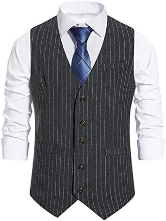 Mens Stripes Hoodless Vests Single Row Five Buttons Slim Fit Clothes for Banquet, Ceremony