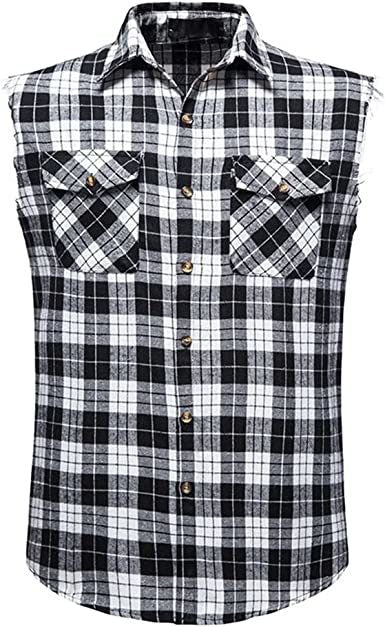 Men's Flannel Plaid Shirt Vest Cotton Casual Sleeveless Shirt Tank Top