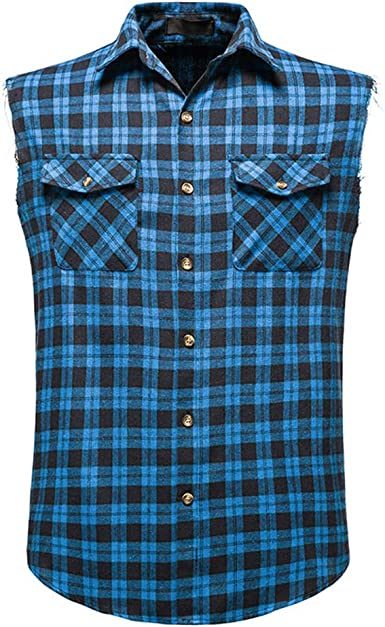 Men's Flannel Plaid Shirt Vest Cotton Casual Sleeveless Shirt Tank Top