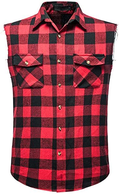 Men's Flannel Plaid Shirt Vest Cotton Casual Sleeveless Shirt Tank Top