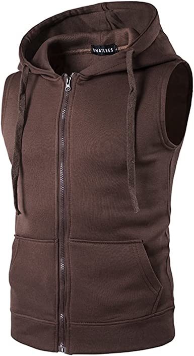 Men's Hooded Zip Sleeveless Sweater Vest Slim Fit Solid Hooded Vest Jacket