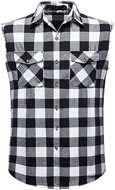 Men's Flannel Plaid Shirt Vest Cotton Casual Sleeveless Shirt Tank Top