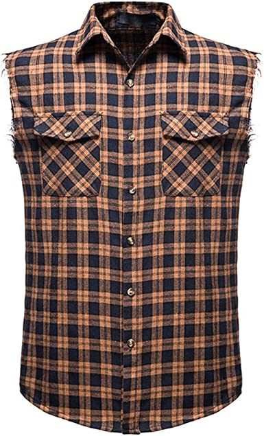 Men's Flannel Plaid Shirt Vest Cotton Casual Sleeveless Shirt Tank Top